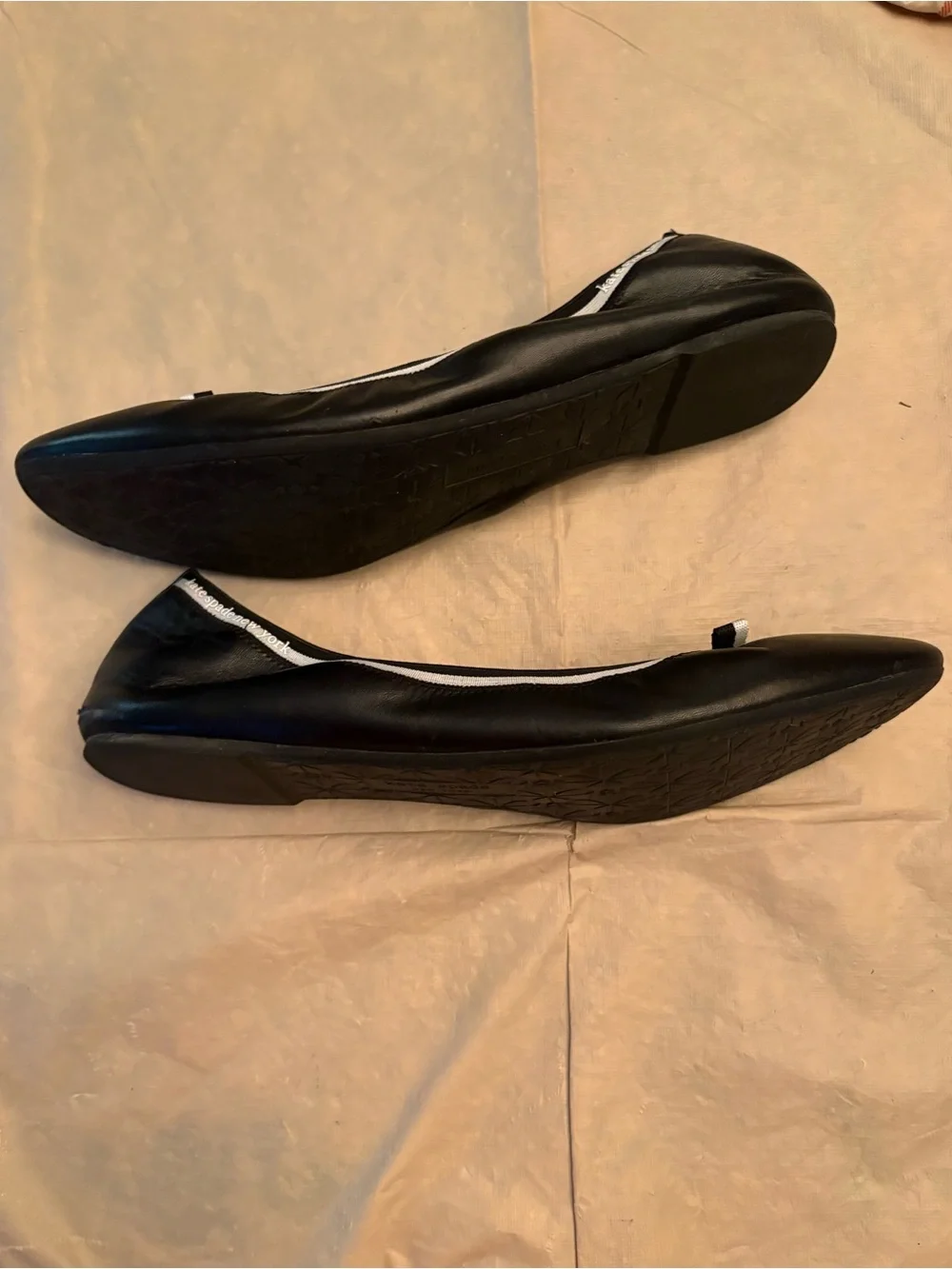 kate spade Claudette Black Leather Ballet Flats with White Trim and Bow Size 11